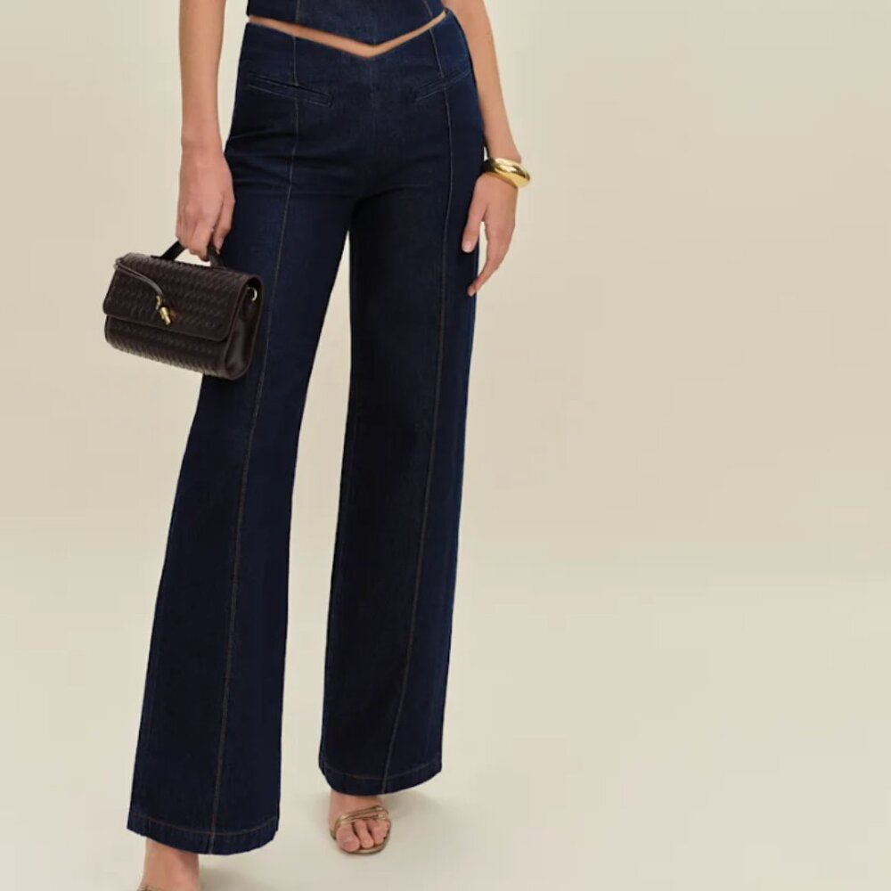Reformation Arana Stretch Low Rise Trouser Wide Leg Jeans Blue - Size 24